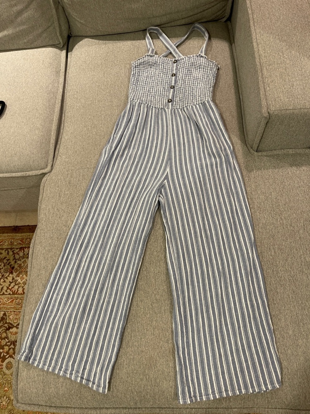 Hollister Blue and White Striped Smocked Jumpsuit